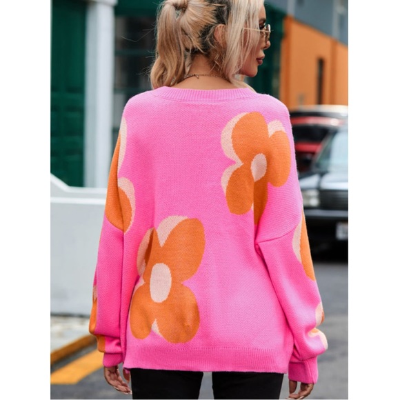 Pink and Orange Large Flower Pattern Slouchy Oversized Sweater - Picture 4 of 9